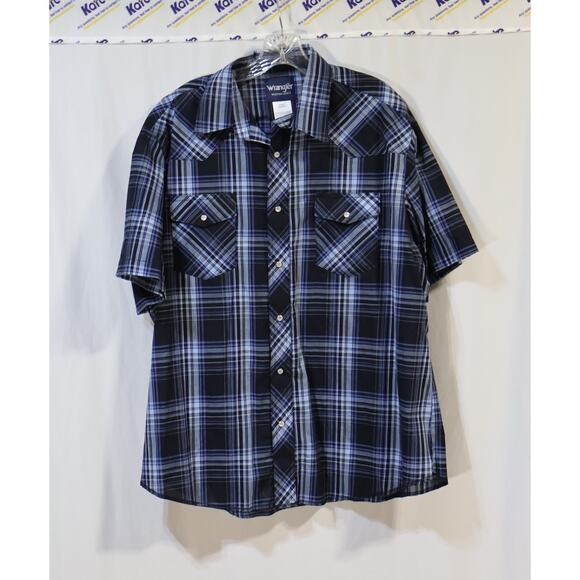 Wrangler Short Sleeve Shirt Men's XL Blue/Black Plaid Pearl Snap Buttons - Picture 1 of 5